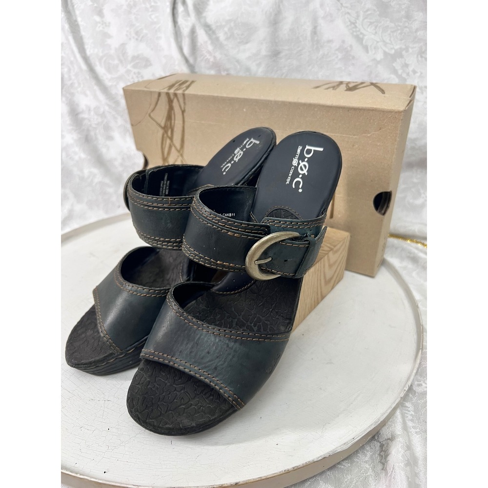 b.o.c. Born Concept Childers Black Leather Wedge Sandals BC3718 Womens 11